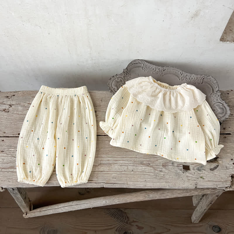 Zweiteiliges Set für Baby : Beige bedrucktes Spitze und Hose - Beige Punkt - 2-3J - image 2