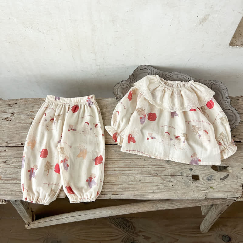 Zweiteiliges Set für Baby : Beige bedrucktes Spitze und Hose - Beige Hase - 2-3J - image 3