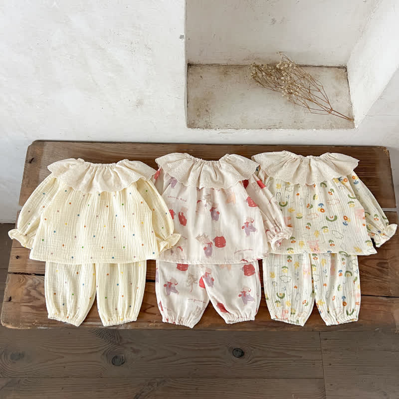 Zweiteiliges Set für Baby : Beige bedrucktes Spitze und Hose - image 5