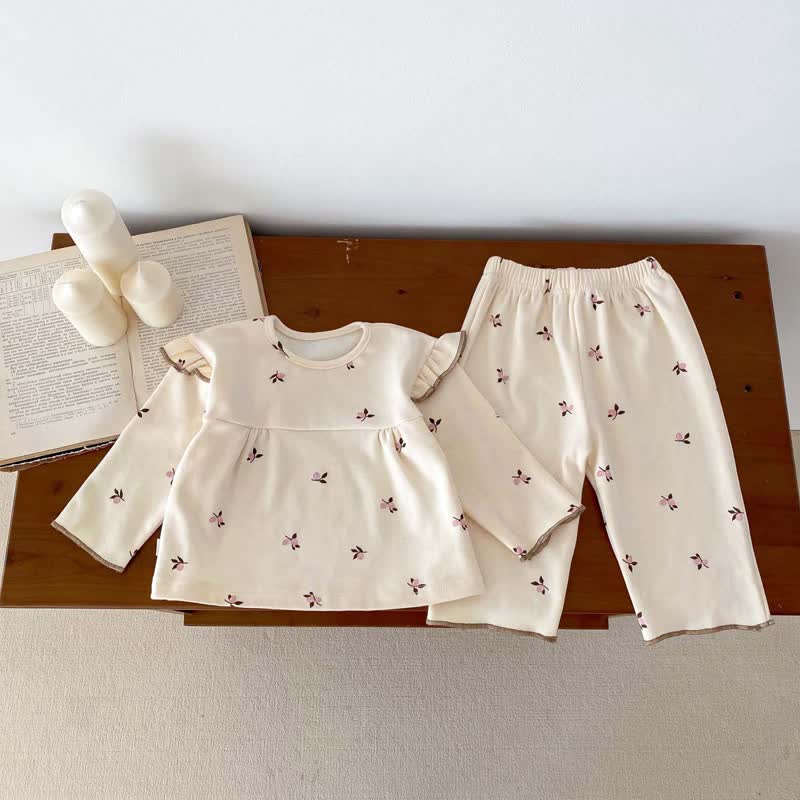 Baby Schlafanzug Set mit Blumen Spitze und Hose , langärmlig und langärmelig - Beige - 18-24M - image 2
