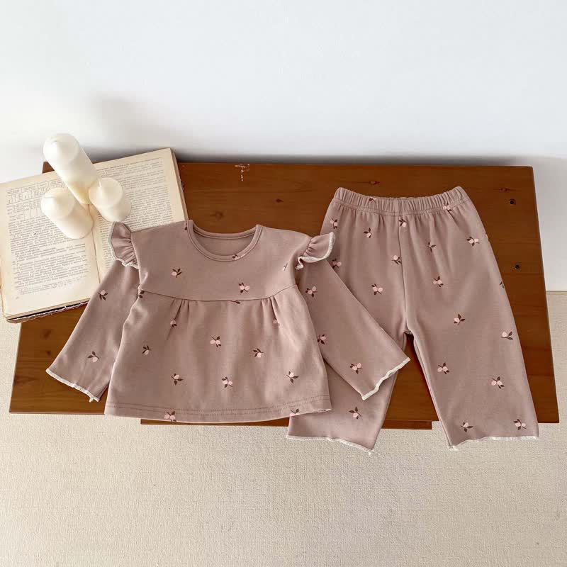 Baby Schlafanzug Set mit Blumen Spitze und Hose , langärmlig und langärmelig - Braun - 18-24M - image 3