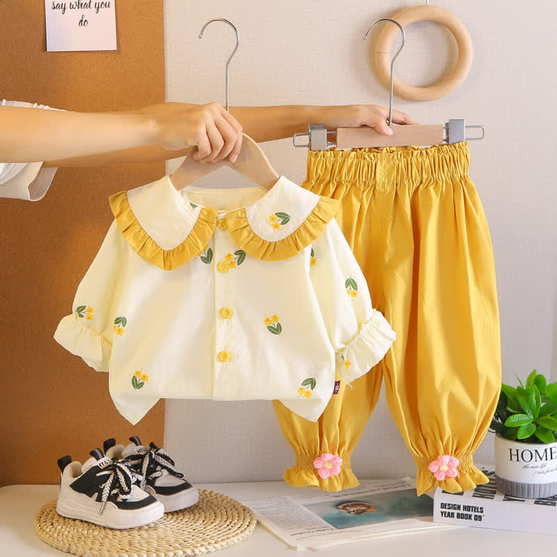 2-teiliges Set für Baby und Babys: Spitze und Hose mit Blumenmuster und Blumen - Gelb - 4-5J - image 2