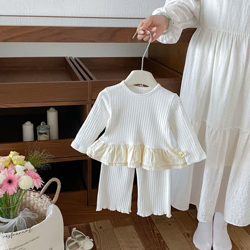 Baby Set , Einfarbig, langärmelig, mit Schößchen, Spitze und Hose, 2-teilig - Weiß - 3-4J - image 2