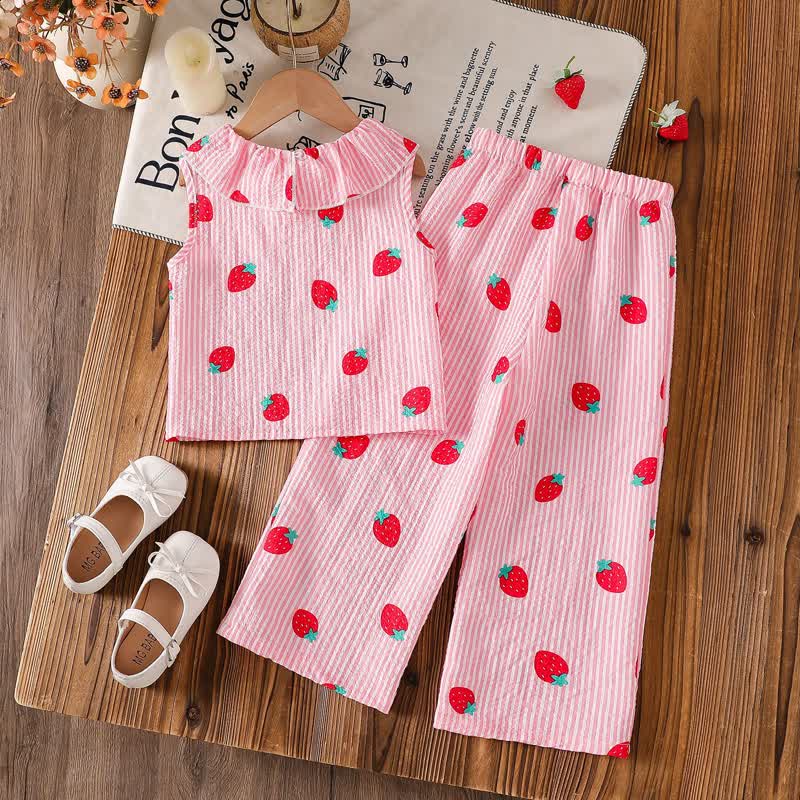 Zweiteiliges Set für Kleinkind : Ärmelloses Spitze und Hose in Rosa mit Erdbeere - image 2