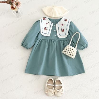 Vintage- Kleid für kleine Mädchen mit Gestickt Kragen und langen Ärmeln - Blau - 6-7J - image 5