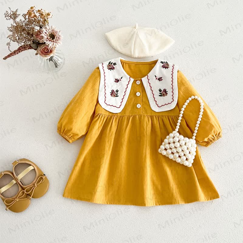 Vintage- Kleid für kleine Mädchen mit Gestickt Kragen und langen Ärmeln - Gelb - 6-7J - image 7