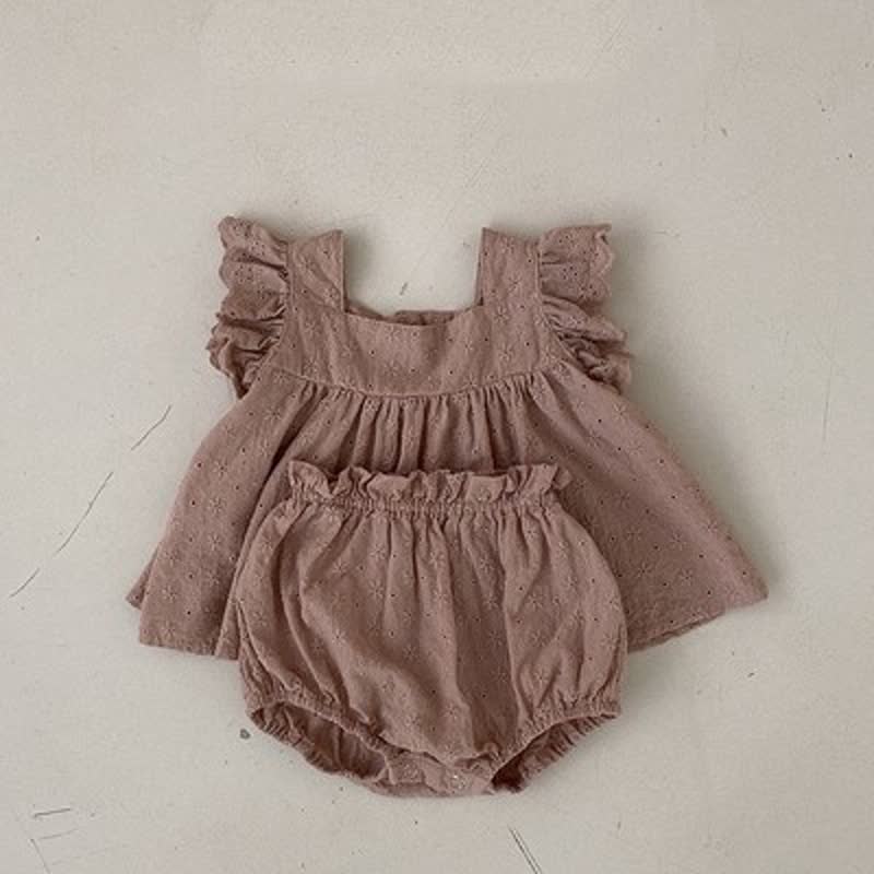 Einfarbig Set für Baby : Ärmelloses Spitze und Shorts mit Lochstickerei in Unifarbe - Braun - 2-3J - image 3