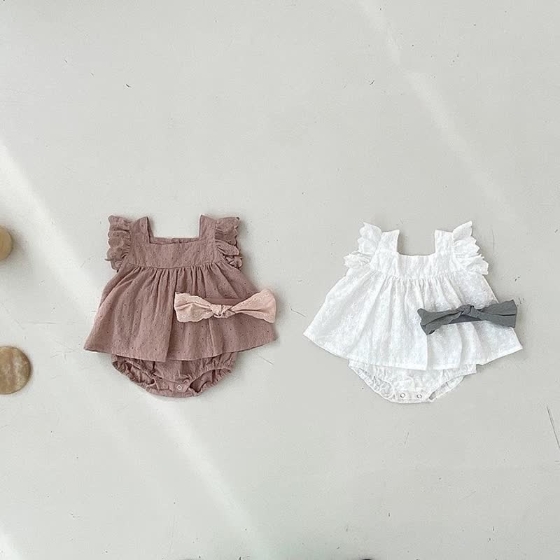 Einfarbig Set für Baby : Ärmelloses Spitze und Shorts mit Lochstickerei in Unifarbe - image 1