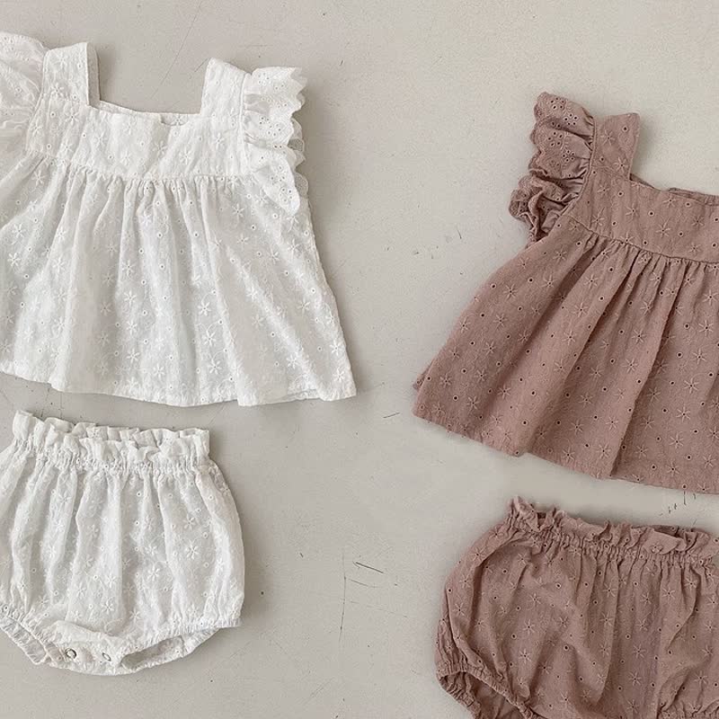 Einfarbig Set für Baby : Ärmelloses Spitze und Shorts mit Lochstickerei in Unifarbe - image 6