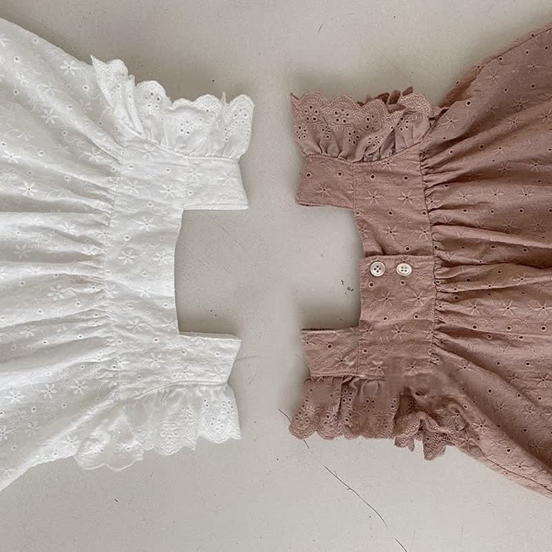 Einfarbig Set für Baby : Ärmelloses Spitze und Shorts mit Lochstickerei in Unifarbe - image 5