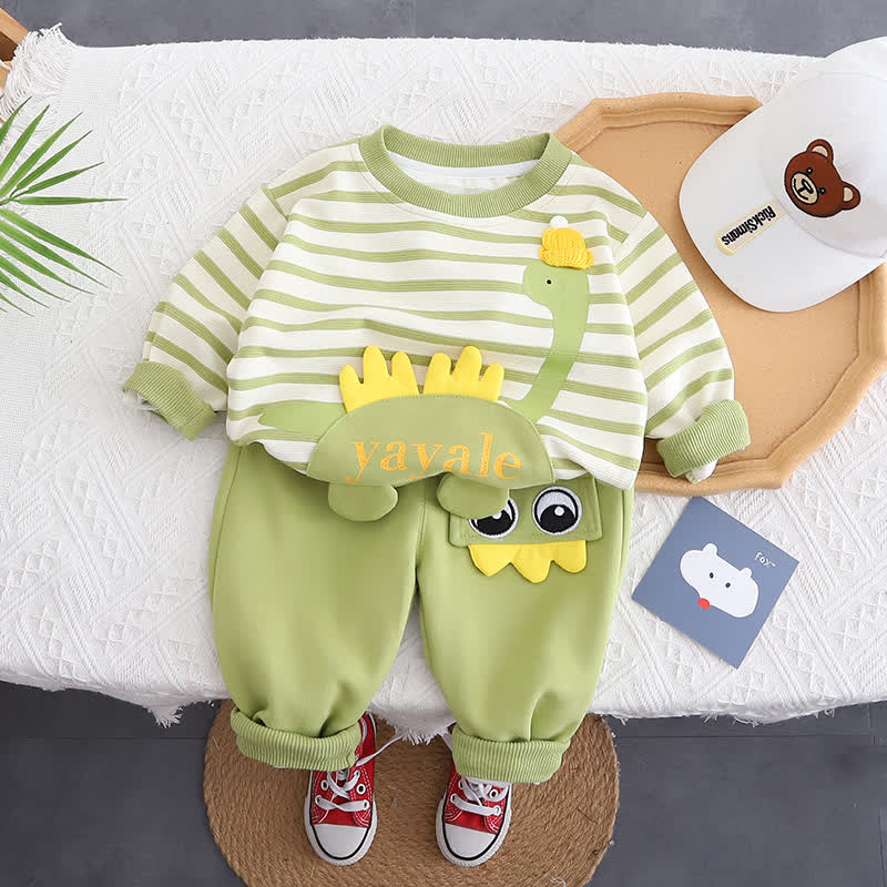 YAYALE Kleinkind Jungen Streifen Spitze und Hose mit Dino Applikationen, 2-teiliges Set - Grün - 4-5J - image 2