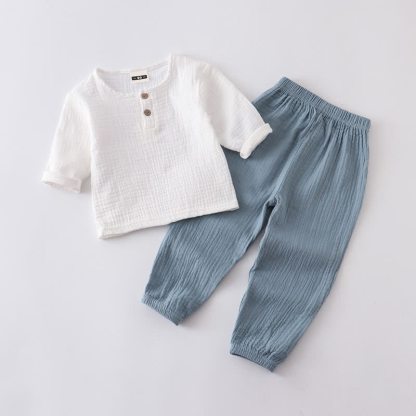 Kleinkind Baby Set , Einfarbig, geknittert, Spitze und Hose, 2-teilig - Weiß & Blau - 6-7J - image 3
