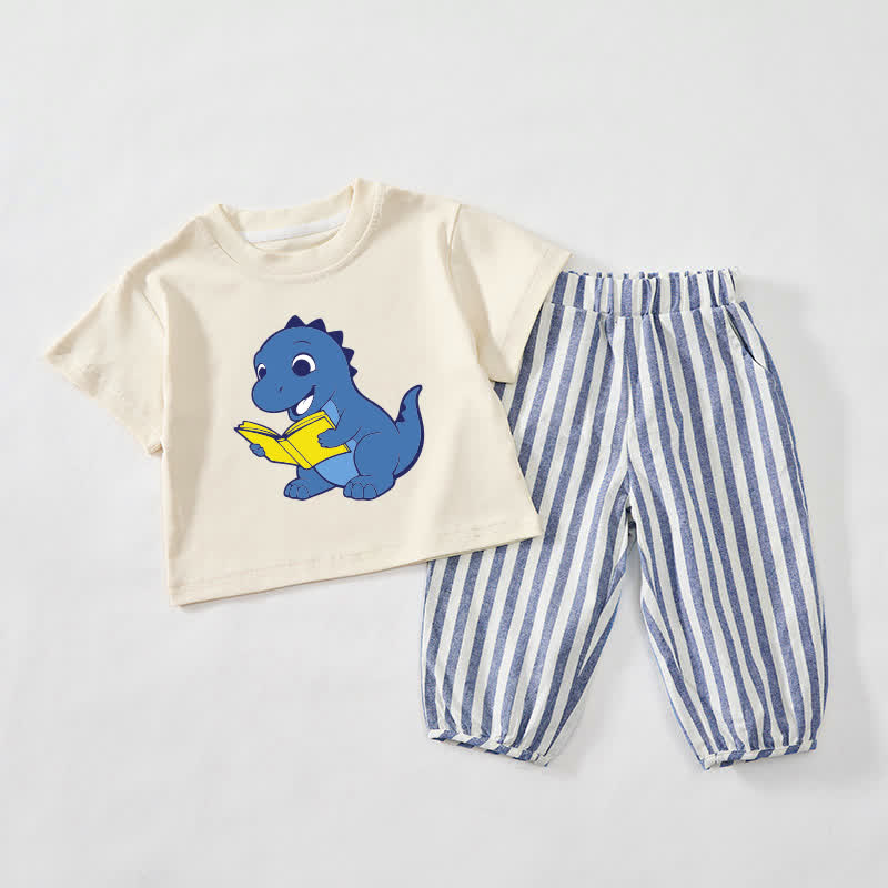 Baby Kleinkind -Lese- Dinosaurier Set , beige-blau Streifen , 2-teilig - Beige & Blau - 3-4J - image 1