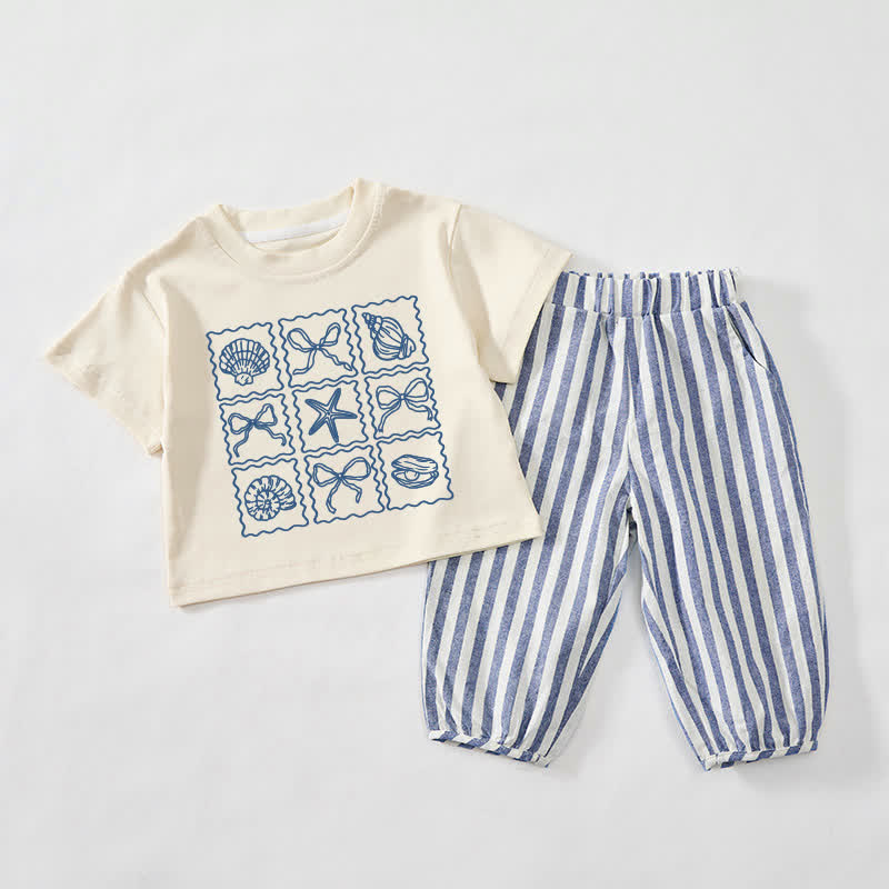 Baby Kleinkind Set mit Muschel- und Schleife , beige-blau Streifen , 2-teilig - Beige & Blau - 3-4J - image 1