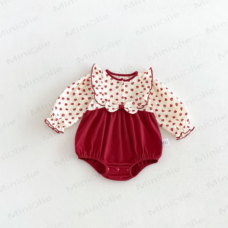 Baby Bodysuit in Rot mit Blumen und Rüschenkragen - image 3