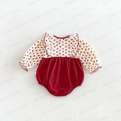 Baby Bodysuit in Rot mit Blumen und Rüschenkragen - image 4