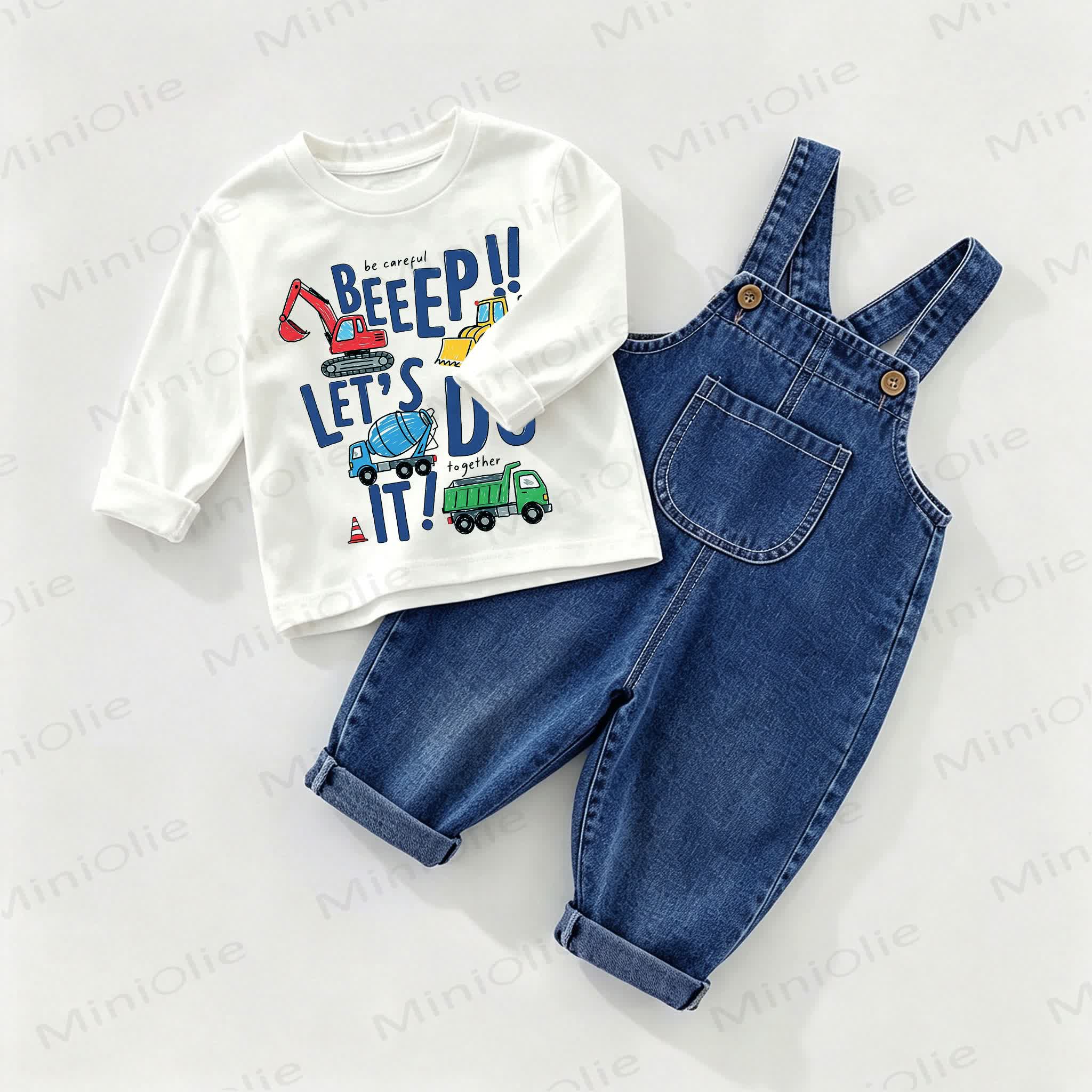 BEEEP!! LET'S DO IT! Baby Denim Overalls und T-Stück , 2-teiliges Set - Weiß & Blau - 2-3J - image 1