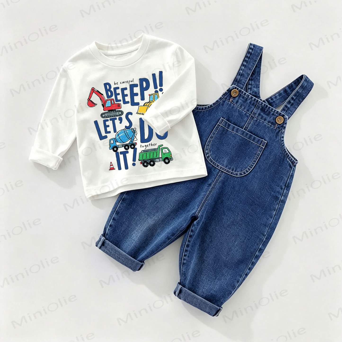 BEEEP!! LET'S DO IT! Baby Denim Overalls und T-Stück , 2-teiliges Set - Weiß & Blau - 2-3J - image 1
