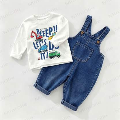 BEEEP!! LET'S DO IT! Baby Denim Overalls und T-Stück , 2-teiliges Set - Weiß & Blau - 2-3J - image 1