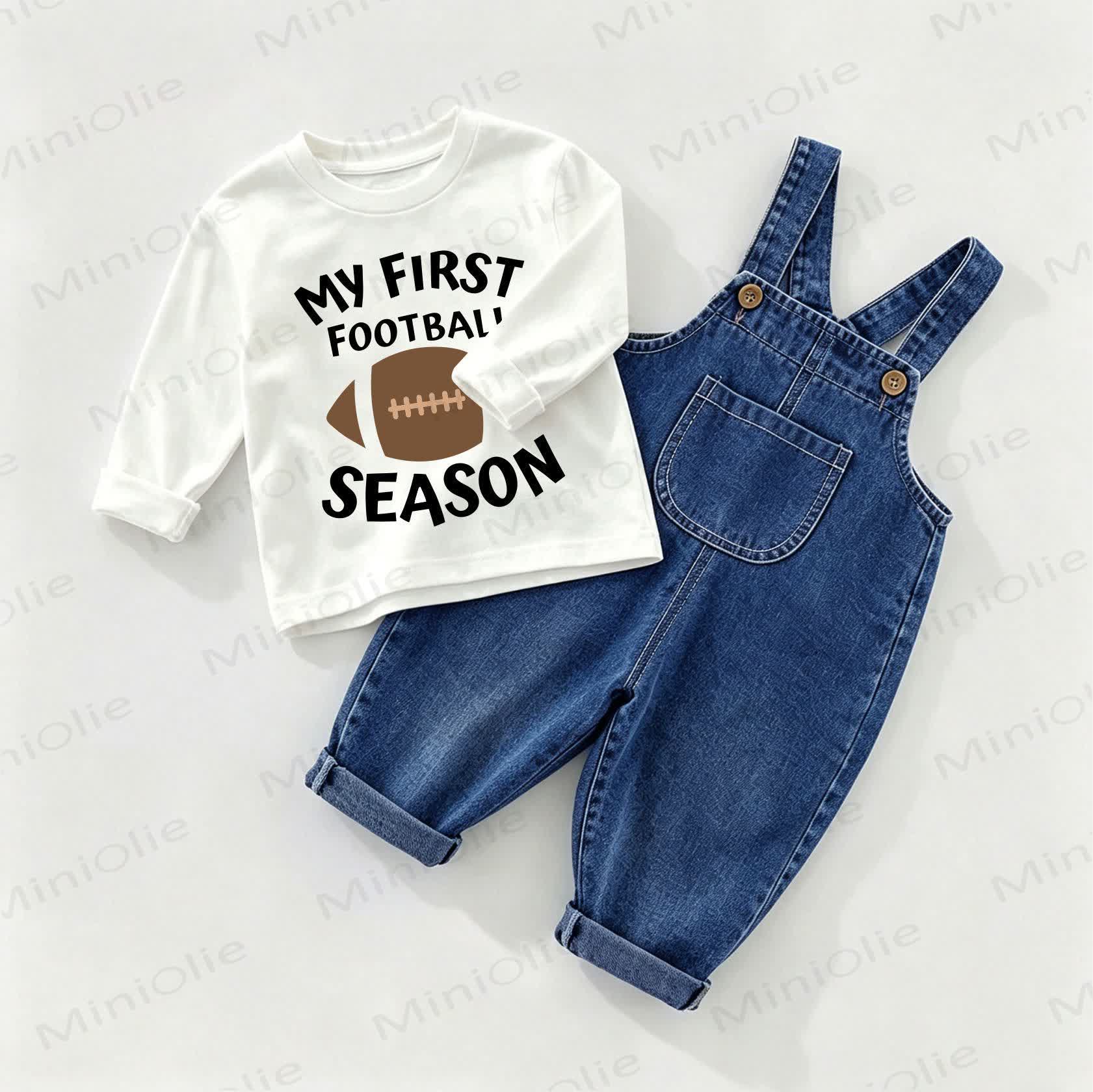 MY FIRST FOOTBALL SEASON Baby Denim Overalls und T-Stück 2-teiliges Set - Weiß & Blau - 2-3J - image 1