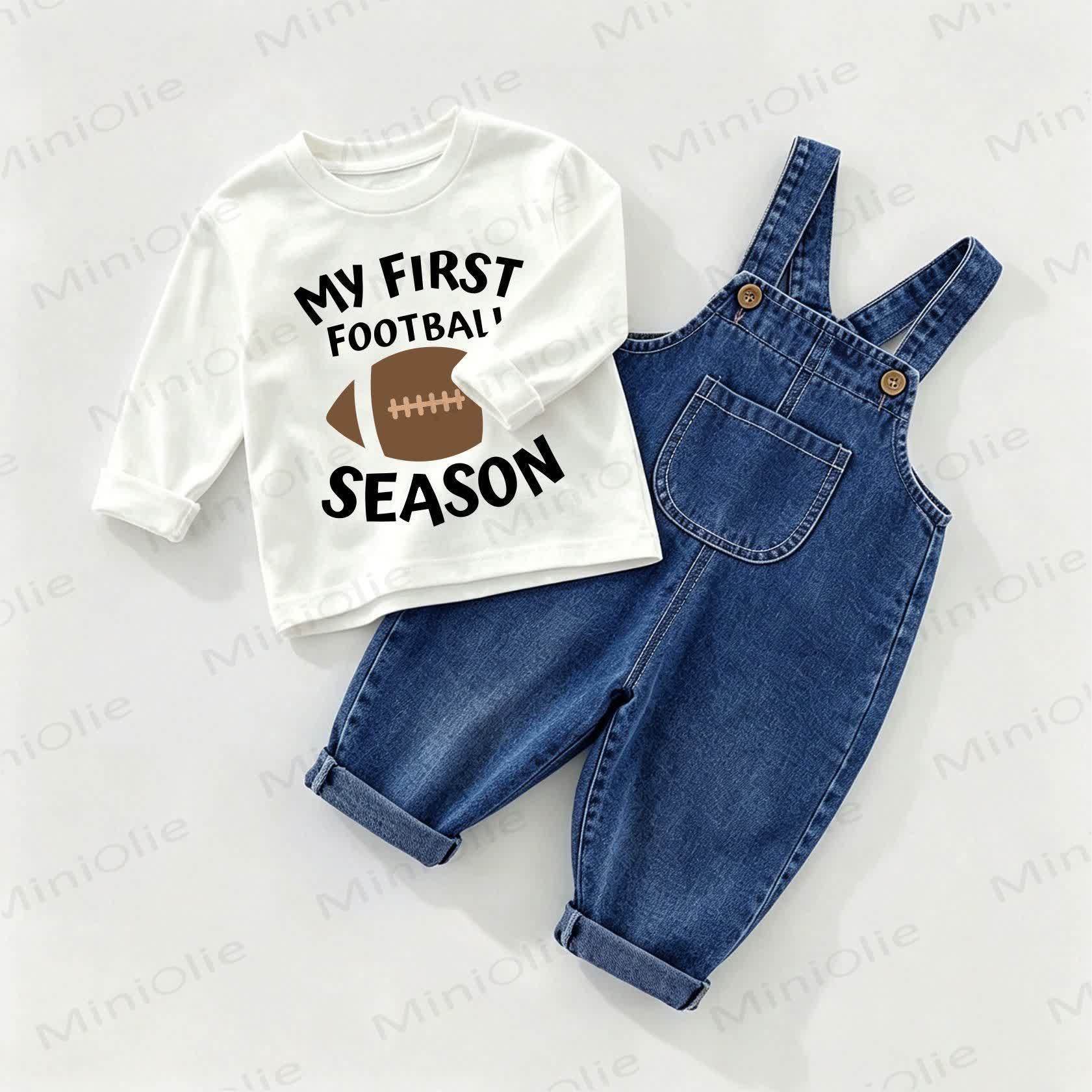 MY FIRST FOOTBALL SEASON Baby Denim Overalls und T-Stück 2-teiliges Set - Weiß & Blau - 2-3J - image 1