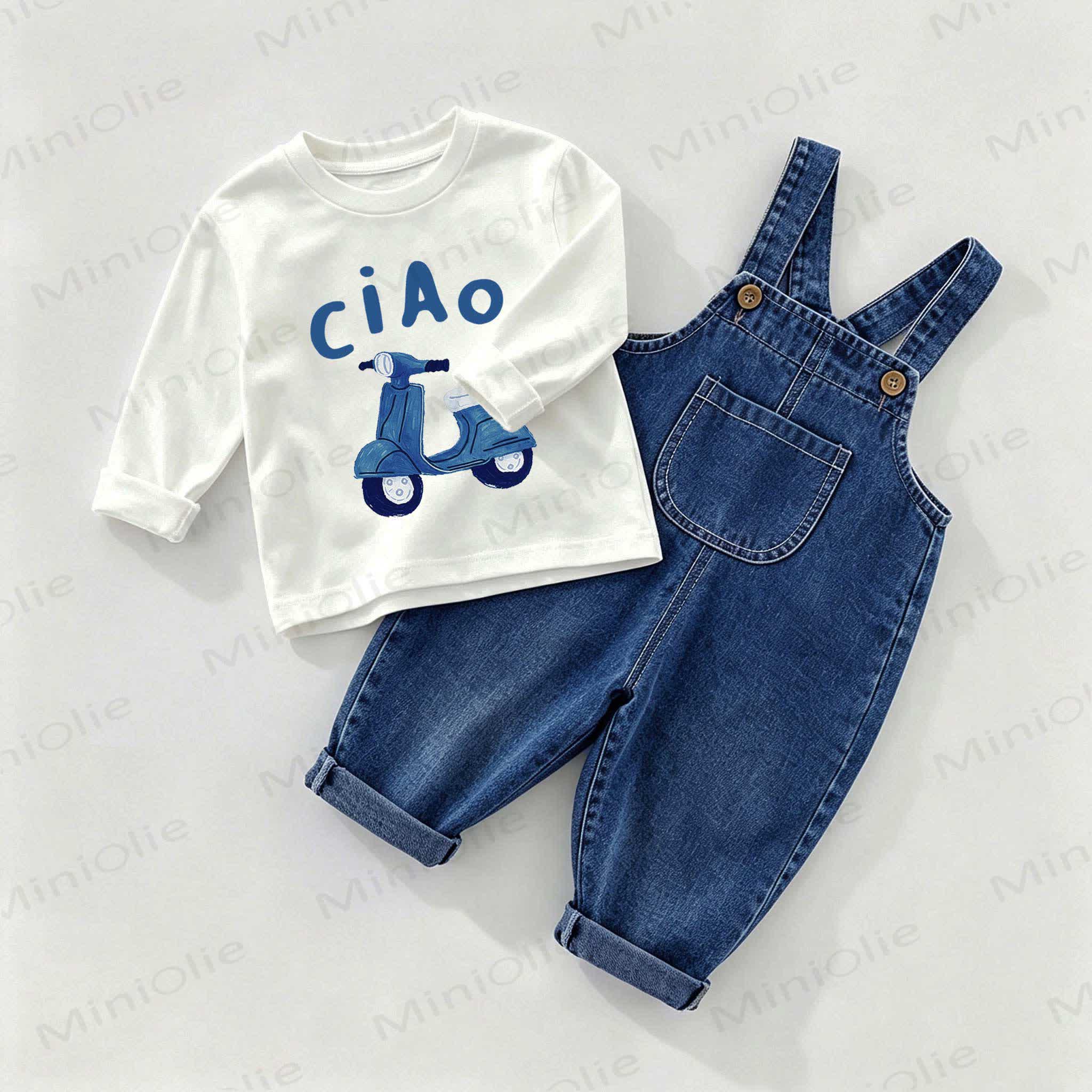 CIAO Baby Jeans - Overalls und T-Stück Shirt 2-teiliges Set - Weiß & Blau - 2-3J - image 1
