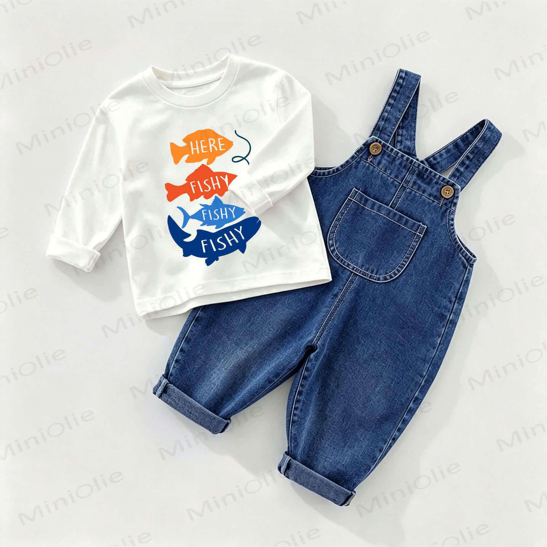 HERE FISHY FISHY FISHY Baby Denim Overalls und T-Stück 2-teiliges Set - Weiß & Blau - 2-3J - image 1