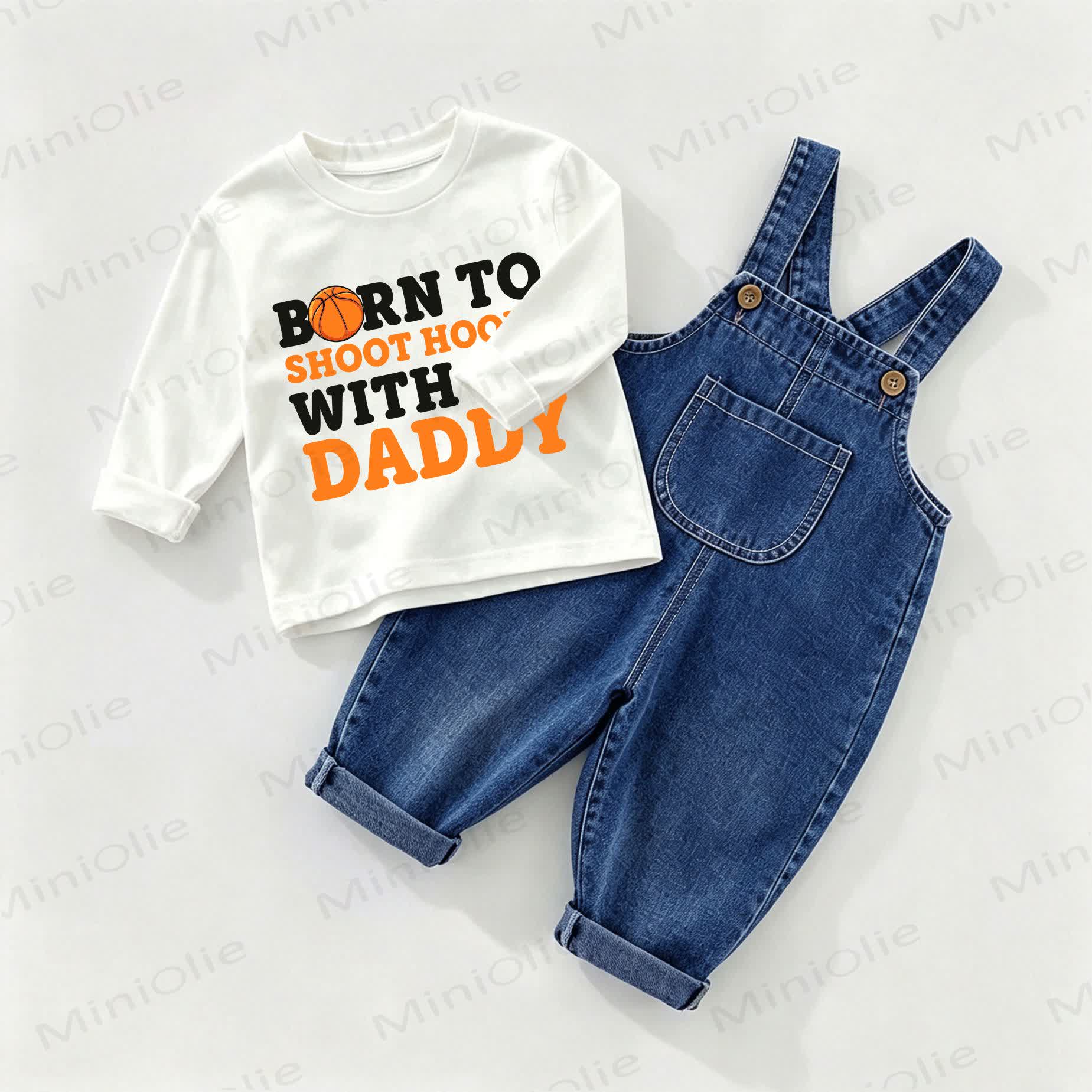 BORN TO SHOOT HOOPS WITH DADDY Baby Denim Overalls and T-Stück 2-piece Set - Weiß & Blau - 2-3J - image 1