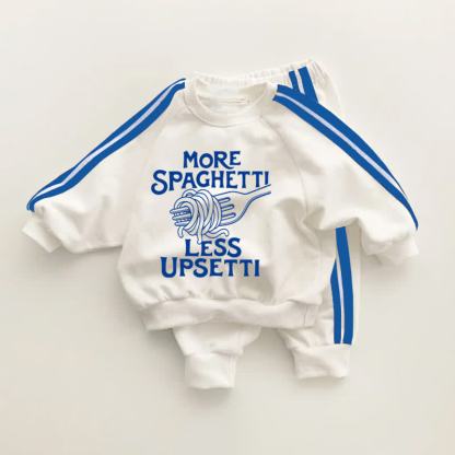 MORE SPAGHETTI LESS UPSETTI – Baby Kleinkind Slogan , Blau Streifen 2-teiliges Set - Weiß & Blau - 3-5J - image 1