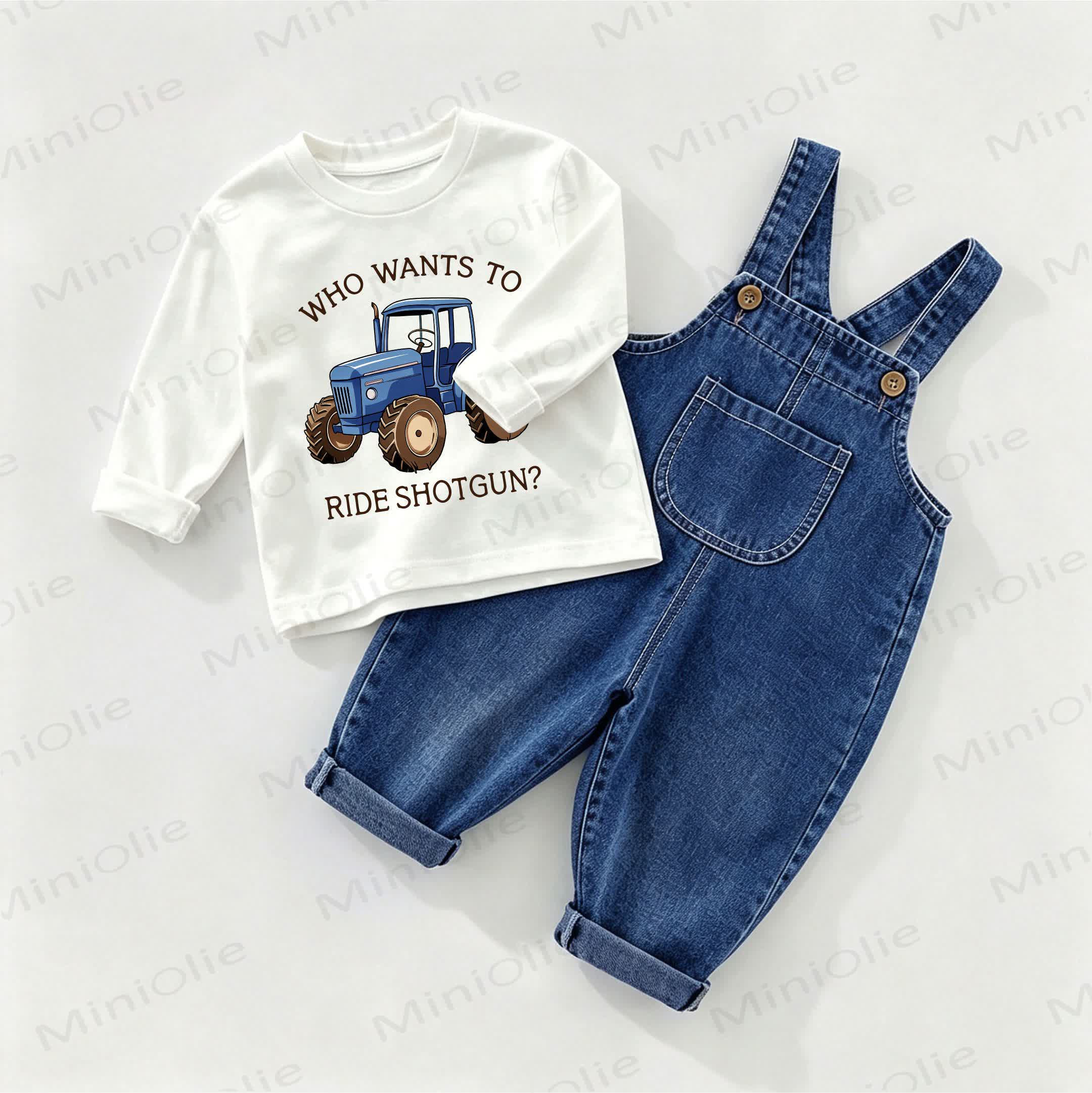 WHO WANTS TO RIDE SHOTGUN? Baby Denim Overalls und T-Stück , 2-teiliges Set - Weiß & Blau - 2-3J - image 1