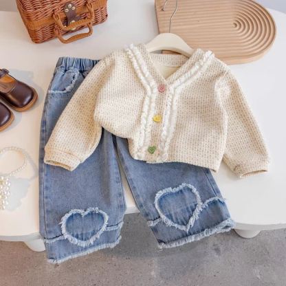 Zweiteiliges Set aus Hose mit Strickjacke und Denim für Kleinkind - Beige - 8-9J - image 1