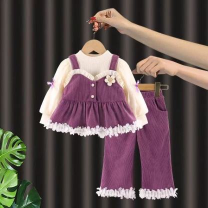 3-teiliges Set aus Cordstoff mit Blumen und Rüschen für Baby und Babys - Lila - 5-7J - image 1