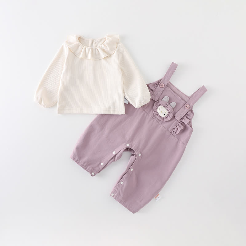 2-teiliges Set aus weißem Baby Spitze mit Rüschenkragen und lila Hase Overalls - Lila - 2-3J - image 1