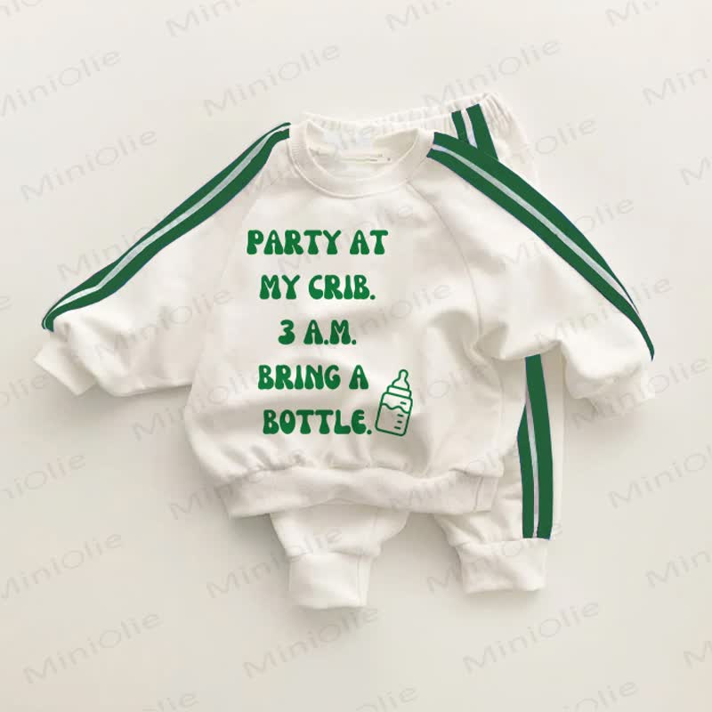 PARTY AT MY CRIB. 3 Uhr morgens. BRING A BOTTLE mit. Baby Kleinkind Set , grün Streifen, 2-teilig. - Weiß & Grün - 3-5J - image 1