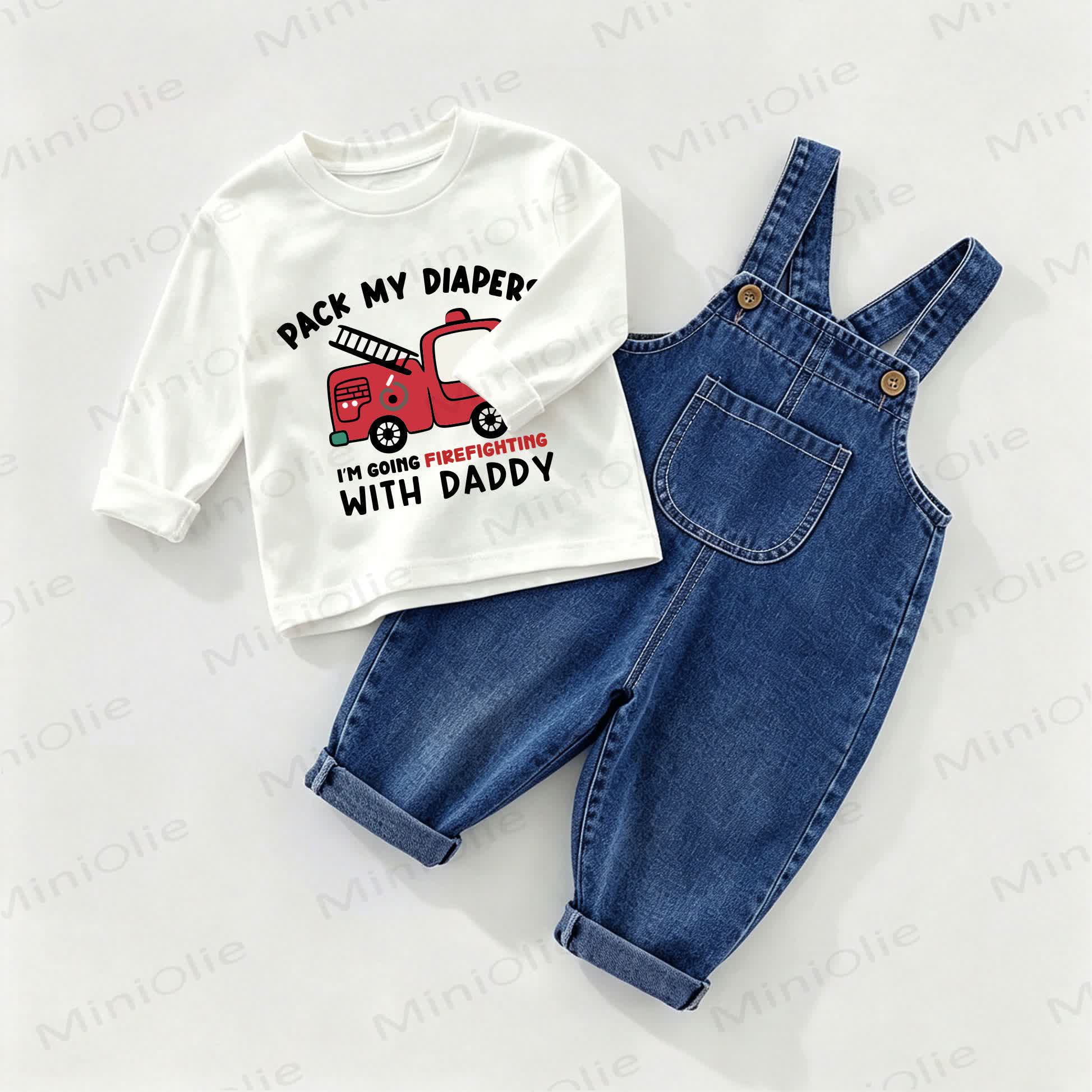 PACK MY DIAPERS I'M GOING FIREFIGHTING WITH DADDY! Baby Denim Overalls und T-Stück , 2-teiliges Set - Weiß & Blau - 2-3J - image 1