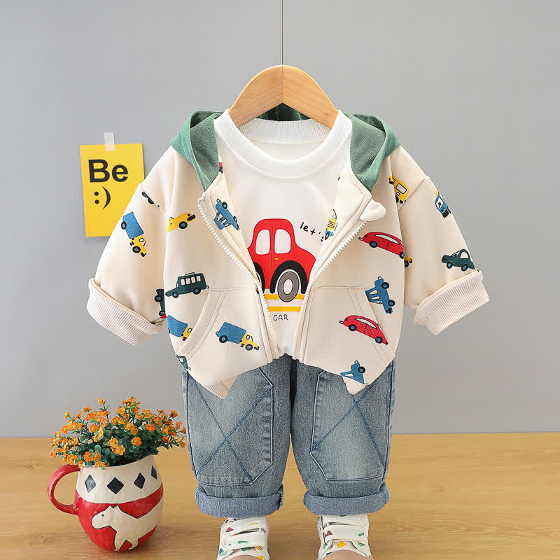 Dreiteiliges Set für Baby ( Kleinkind ): Kapuzenjacke mit Auto -Print und Denim - Beige - 4-5J - image 3