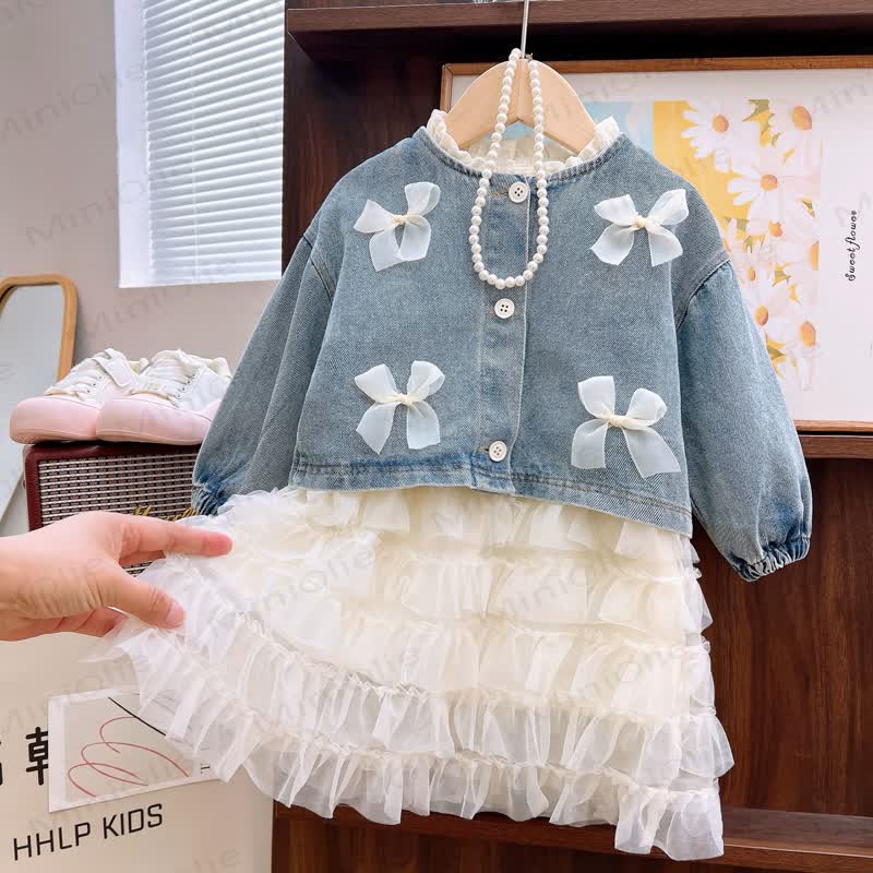 Set aus Jeansjacke und Kleid mit Schleife für Kleinkinder - image 3