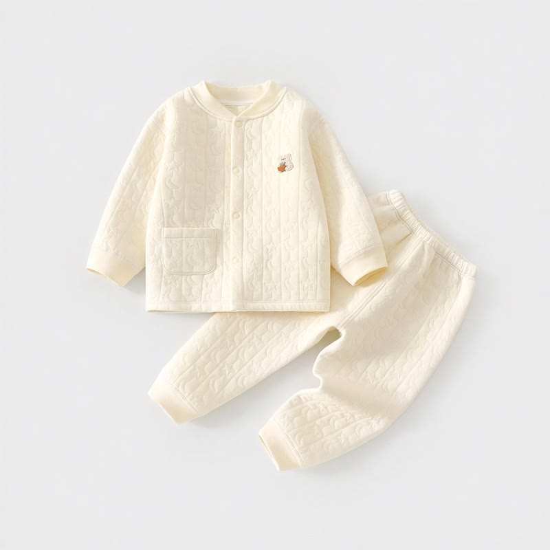 Baby Schlafanzug Set mit Gesteppt Bär und Druckknöpfen vorne, 2-teilig - Gelb - 2-3J - image 2