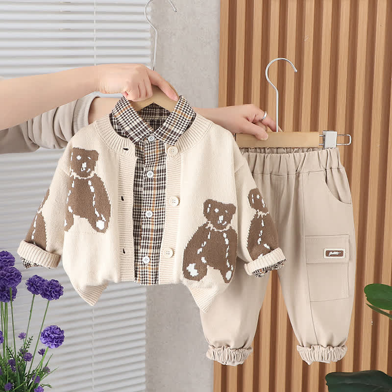 Kleinkind Bär Strickjacke, kariertes Plaid und Hose , 3-teiliges Set - Beige - 4-5J - image 1