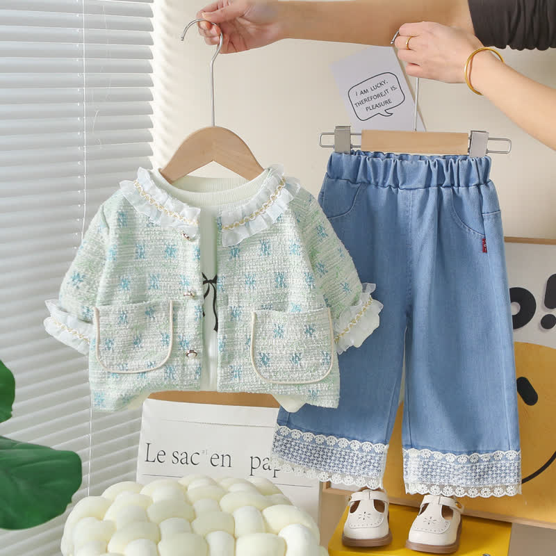 3-teiliges Set aus Tweed- Strickjacke und Denim für Baby und Babys (Mädchen) - Grün - 4-5J - image 4