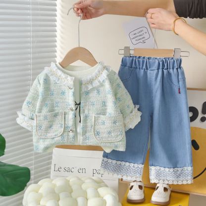3-teiliges Set aus Tweed- Strickjacke und Denim für Baby und Babys (Mädchen) - Grün - 4-5J - image 4