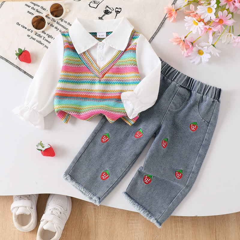 Dreiteiliges Set aus Bunt , Streifen Baby Stricken und Denim - Weiß - 2-3J - image 1