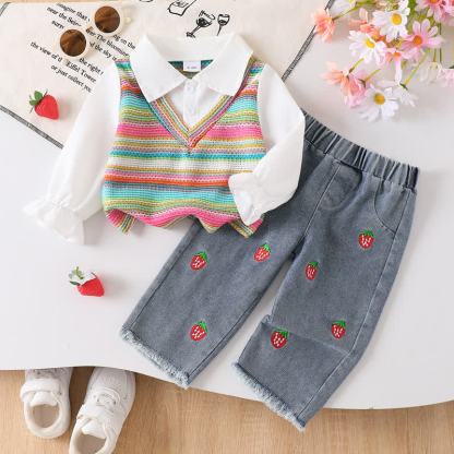 Dreiteiliges Set aus Bunt , Streifen Baby Stricken und Denim - Weiß - 2-3J - image 1