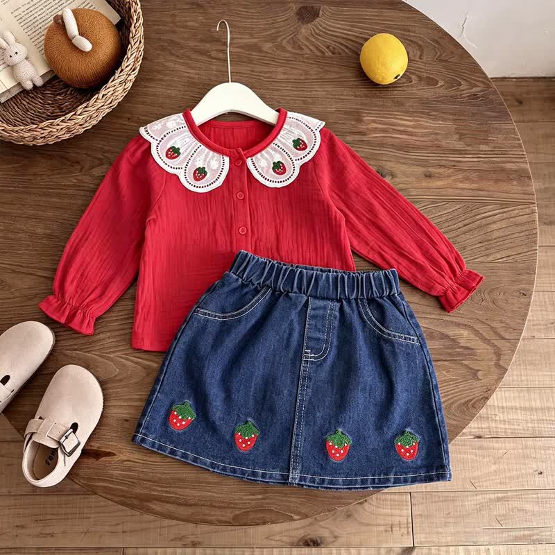2-teiliges Set für Kleinkind : Erdbeere Spitze und Denim - Rot - 8Y - image 1
