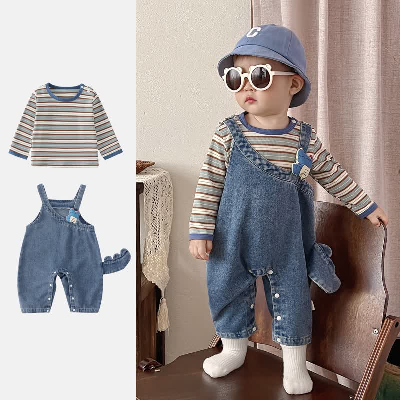 Zweiteiliges Set aus Blau Streifen T-Stück und Denim Overalls für Baby und Kleinkind - image 1