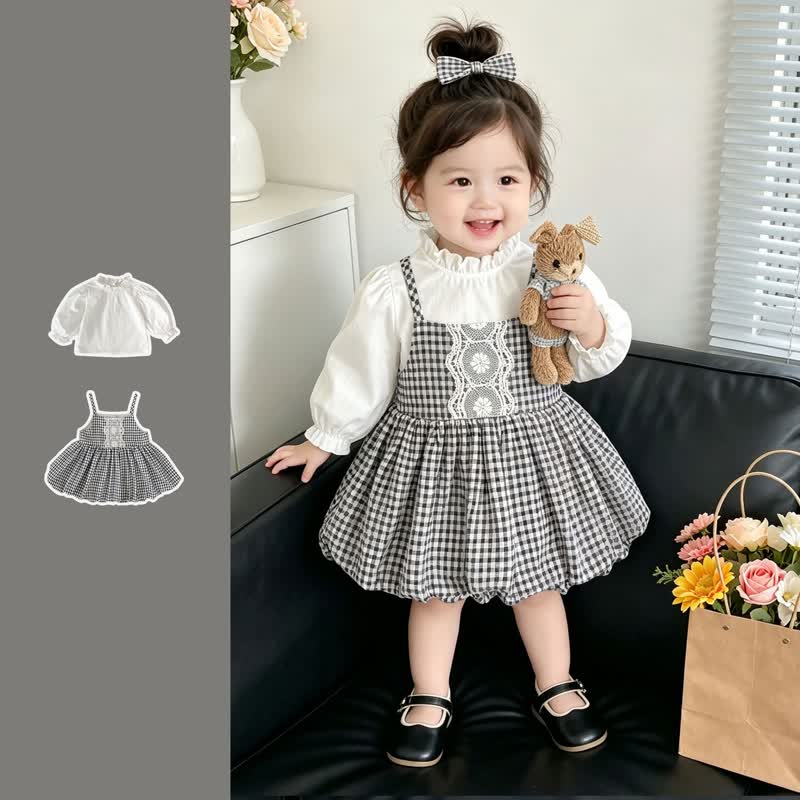2-teiliges Set für Baby : Weißes Spitze und Gingham Kleid - Weiß - 4-5J - image 1