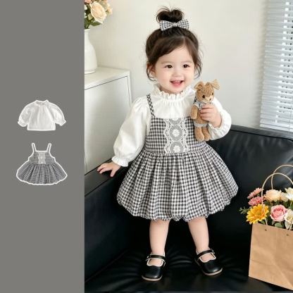 2-teiliges Set für Baby : Weißes Spitze und Gingham Kleid - Weiß - 4-5J - image 1