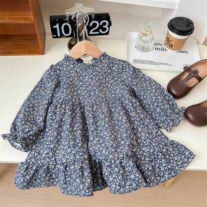 Beige Strickjacke oder Marineblau Blumen Kleid mit Blumenmuster für Kleinkind - Marineblau - 6.5-8J - image 3