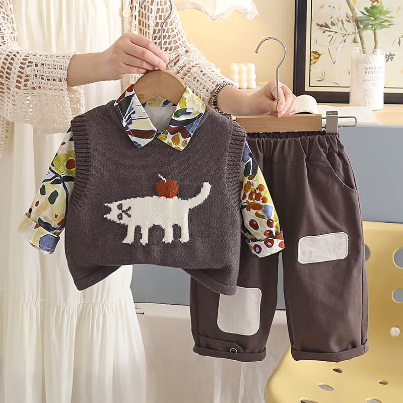 Kleinkind Stricken mit Katzen- und Apfelmotiv, lässiges 3-teiliges Set - Braun - 6-7J - image 3