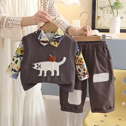Kleinkind Stricken mit Katzen- und Apfelmotiv, lässiges 3-teiliges Set - Braun - 6-7J - image 3